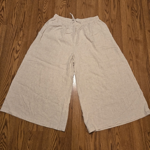 Youga Wide Leg Ankle Pants Cream Beach Casual Classic Boho Linen Cotton XL New - Picture 3 of 16